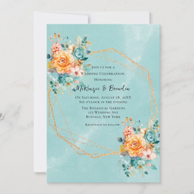 Turquoise and Orange Peony Wedding  Invitation (Front)