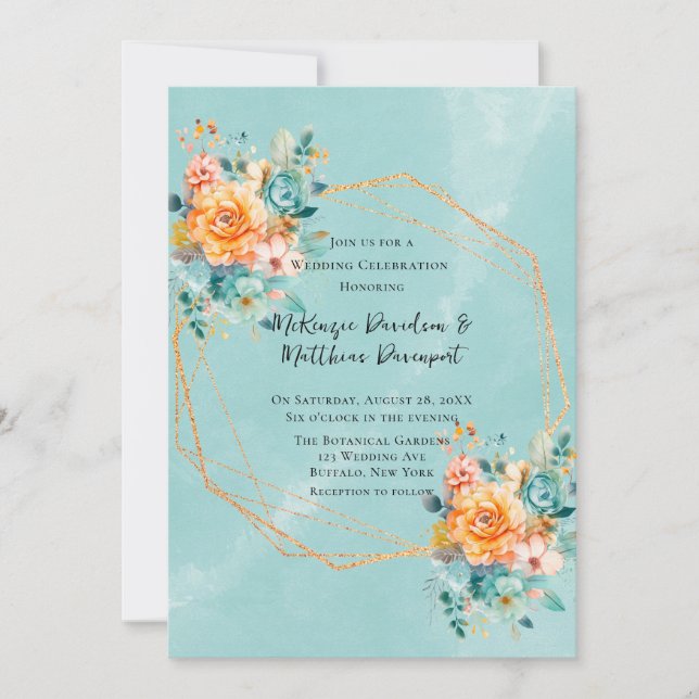 Turquoise and Orange Peony Wedding  Invitation (Front)