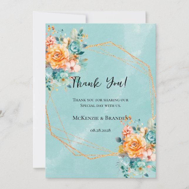 Turquoise and Orange Peony Wedding Thank You Card (Front)