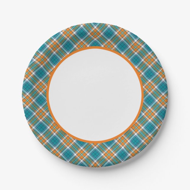Turquoise and Orange Sporty Plaid Paper Plates (Front)