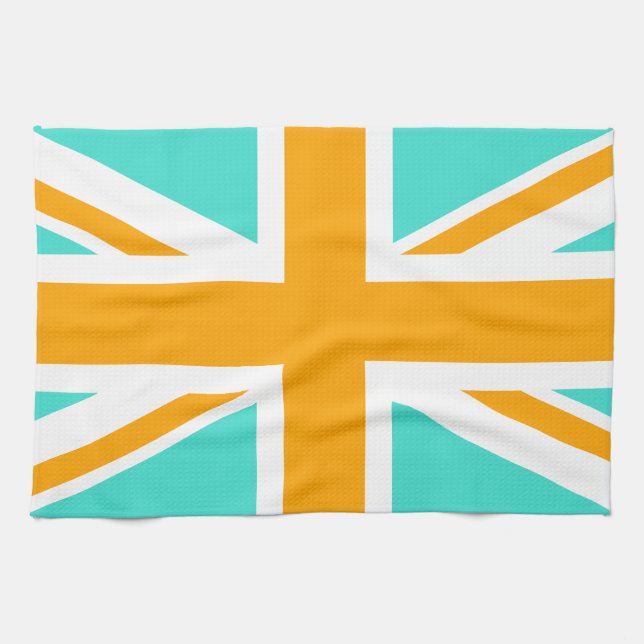 Turquoise and Orange Union Jack Tea Towel (Horizontal)