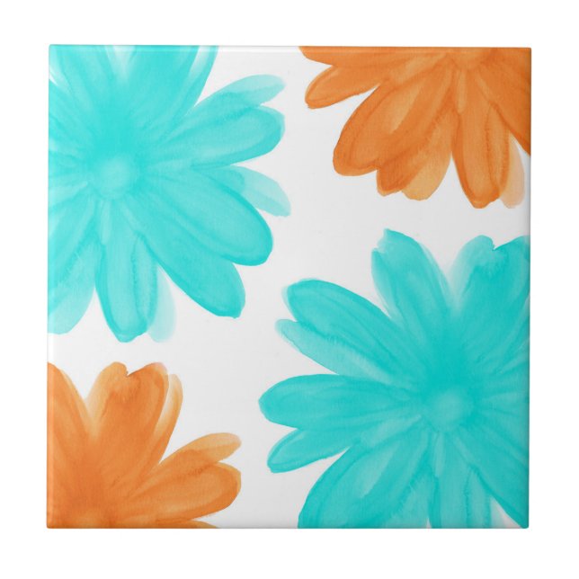 Turquoise and Orange Watercolor Flowers Tile (Front)