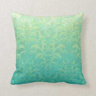 Turquoise and Pale Yellow Damask Cushion