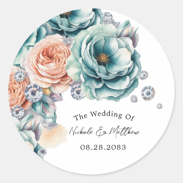 Turquoise and Peach Diamond Wedding Classic Round Sticker (Front)