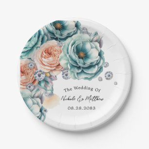 Turquoise and Peach Diamond Wedding Paper Plate