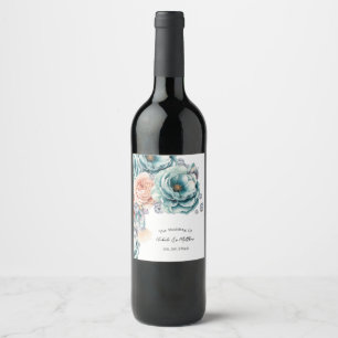Turquoise and Peach Diamond Wedding Wine Label