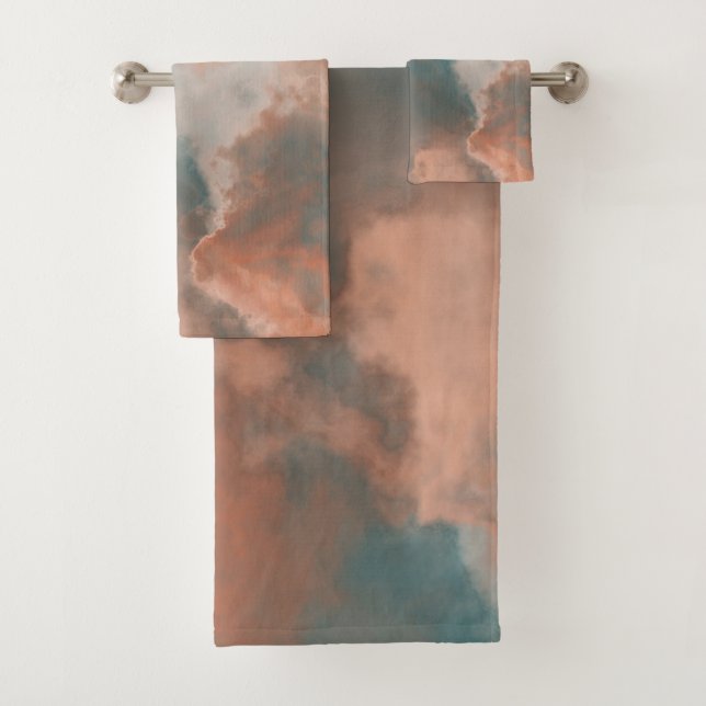 Turquoise and Peach Marble abstract Bath Towel Set (Insitu)