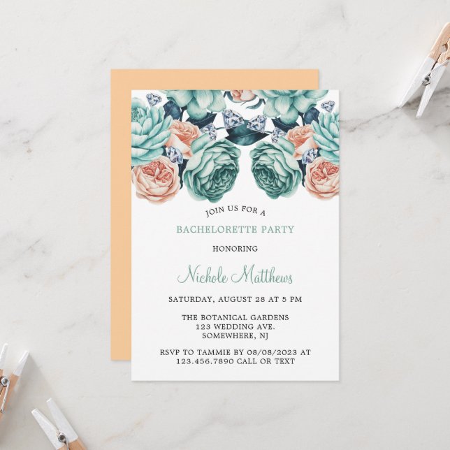 Turquoise and Peach Roses Bachelorette Party Invitation (Front/Back In Situ)