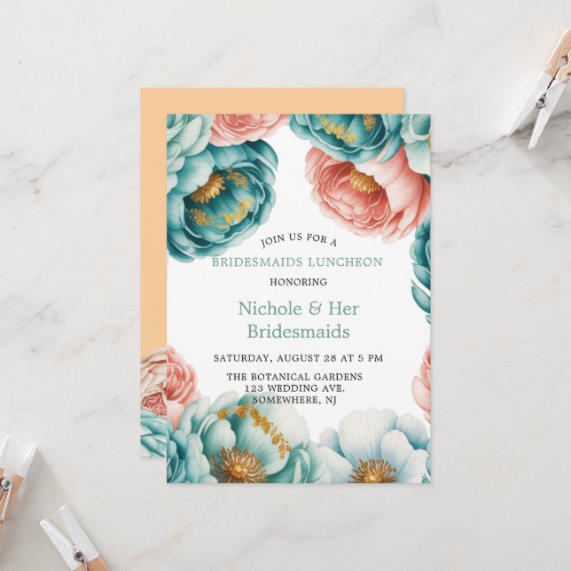 Turquoise and Peach Roses Bridesmaids Luncheon Invitation (Front/Back In Situ)