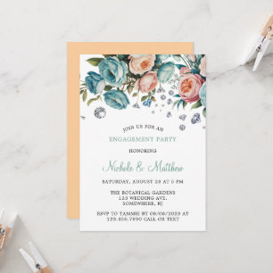 Turquoise and Peach Roses Diamond Engagement Party Invitation