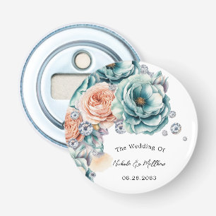 Turquoise and Peach Roses Diamond Wedding Favour Bottle Opener