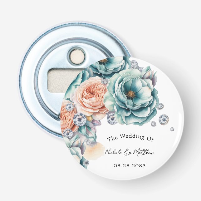 Turquoise and Peach Roses Diamond Wedding Favour Bottle Opener (Front)