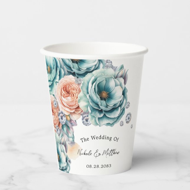 Turquoise and Peach Roses Diamond Wedding Paper Cups (Front)