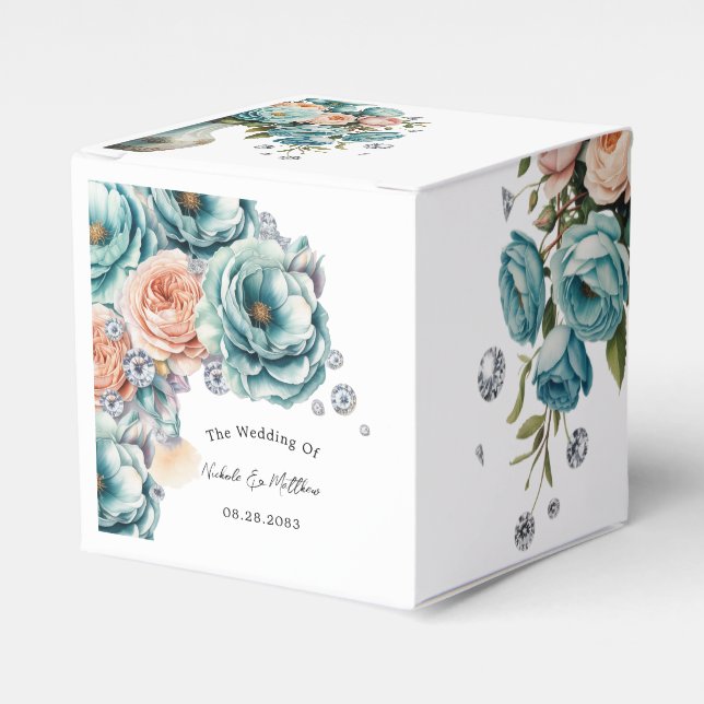 Turquoise and Peach Roses Wedding Favour Box (Front Side)
