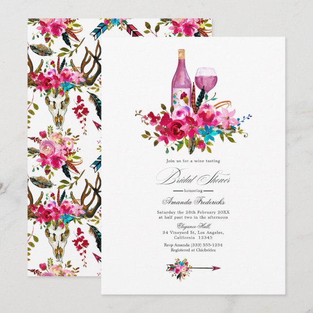 Turquoise and Pink Boho Chic Wine Bridal Shower Invitation (Front/Back)