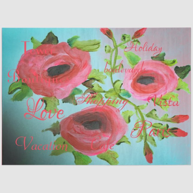 Turquoise and Pink Coral Flowered Tissue Paper (Front)