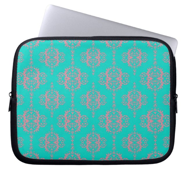 Turquoise and PInk Damask Pattern Laptop Sleeve (Front)