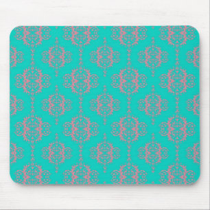Turquoise and PInk Damask Pattern Mouse Mat