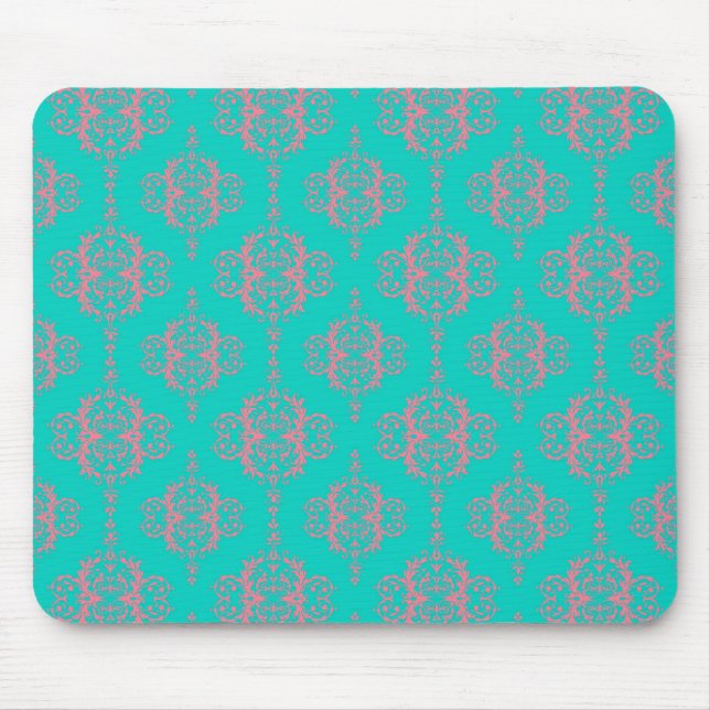 Turquoise and PInk Damask Pattern Mouse Mat (Front)