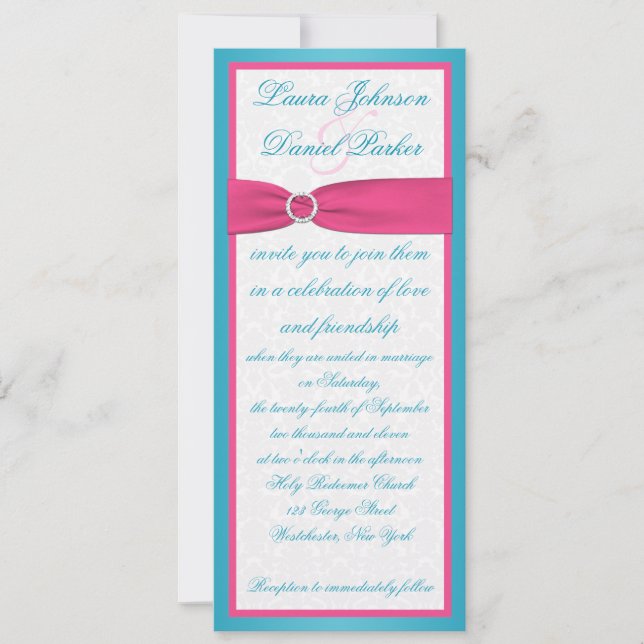 Turquoise and Pink Damask Wedding Invitation (Front)