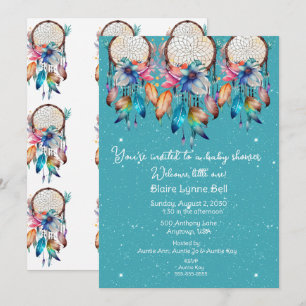 Turquoise and Pink Dreamcatcher Girl Baby Shower Invitation