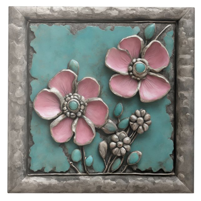Turquoise and pink Floral Art with silver frame Tile (Front)