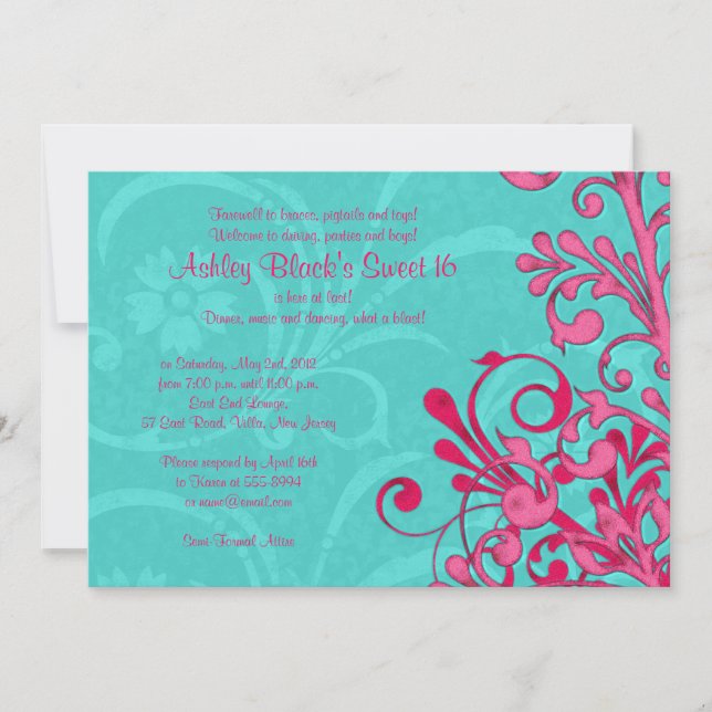 Turquoise and Pink Floral Sweet 16 Birthday Invite (Front)
