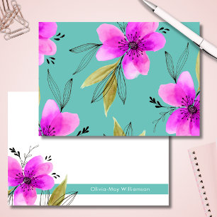 Turquoise and Pink Floral Watercolor Personalised Card