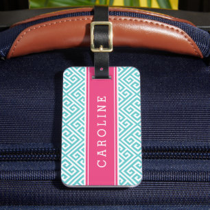 Turquoise and Pink Greek Key Custom Monogram Luggage Tag