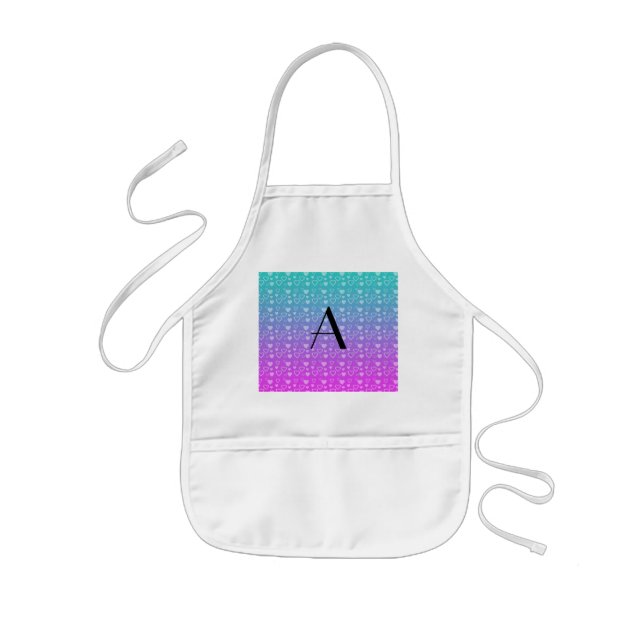 Turquoise and pink hearts monogram kids apron (Front)