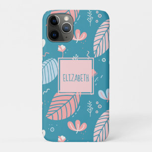 Turquoise and Pink Leaves and Doodles Personalised iPhone 11 Pro Case