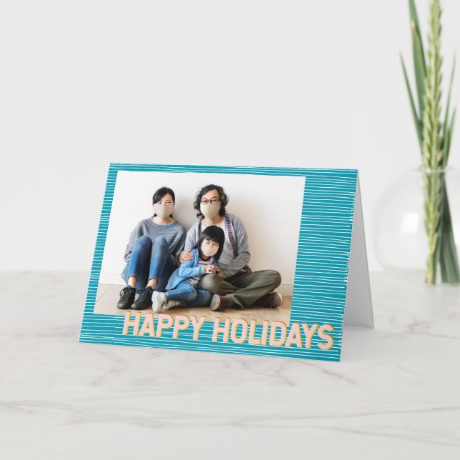 Turquoise and Pink Lines Modern Personalised Photo Holiday Card (Front)