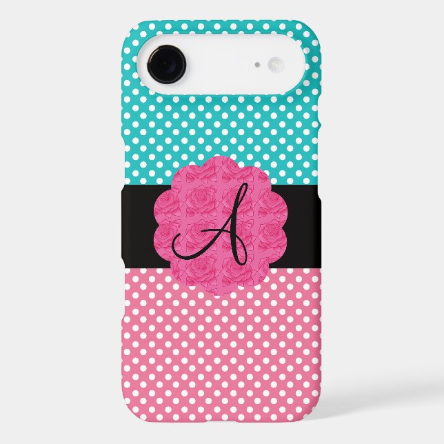 Turquoise and pink polka dots monogram Case-Mate iPhone case (Back)