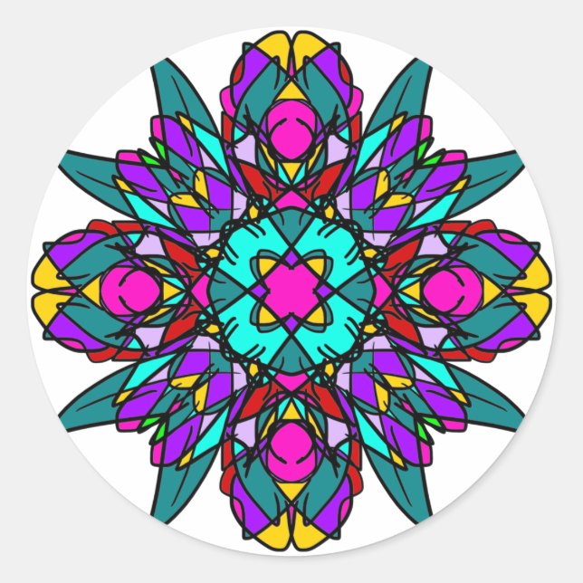 Turquoise and Pink Stained Glass Mandala Classic Round Sticker (Front)