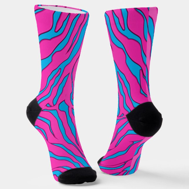 Turquoise And Pink Tiger Stripes Animal Print Socks (Angled)