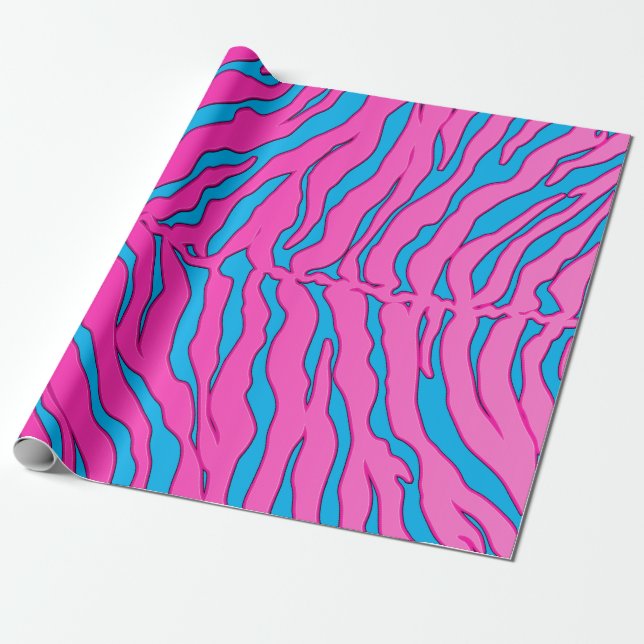 Turquoise And Pink Tiger Stripes Animal Print Wrapping Paper (Unrolled)