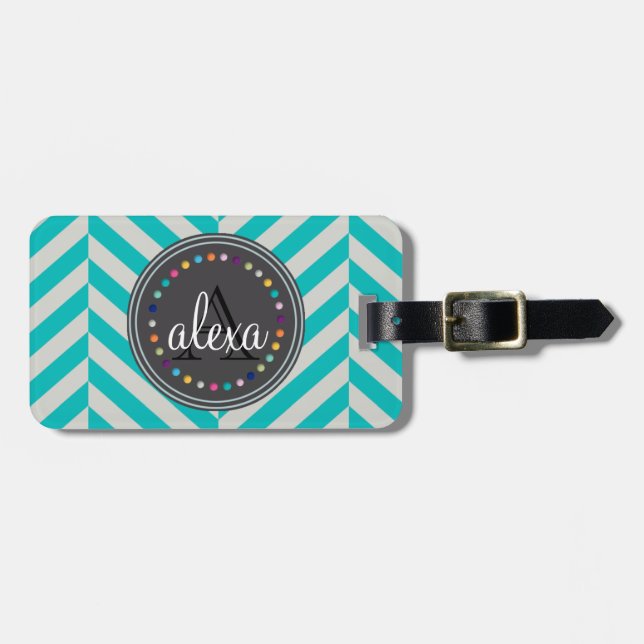 Turquoise and  Polka Dots Monogram Luggage Tag (Front Horizontal)