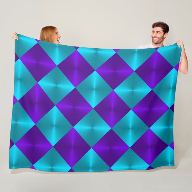 Turquoise and Purple Metallic Looking Squares Fleece Blanket (In Situ)