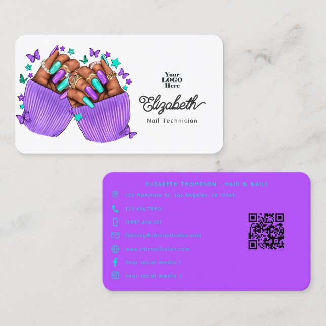 Turquoise and Purple Nail Salon Branding Design Business Card (Front/Back)