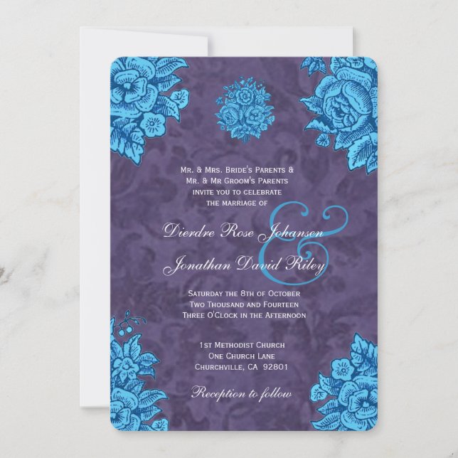 Turquoise and Purple Vintage Flowers Wedding V24 Invitation (Front)