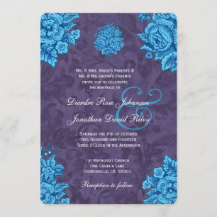 Turquoise and Purple Vintage Flowers Wedding V24 Invitation