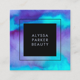 Turquoise and Purple Watercolor Splash with Black Square Business Card