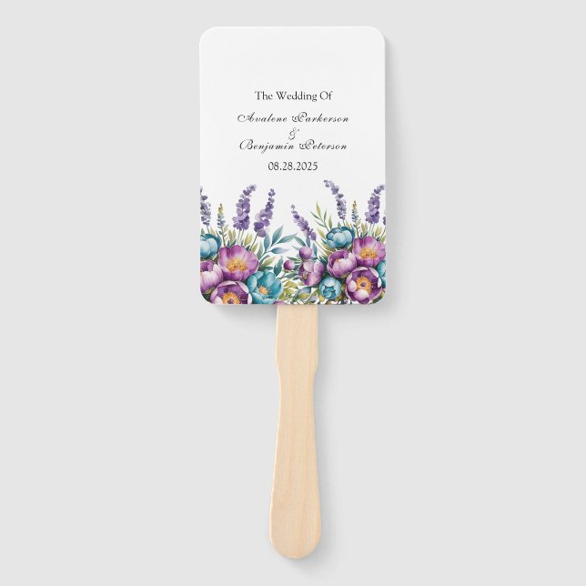Turquoise and Purple Wildflowers Wedding Hand Fan (Front)