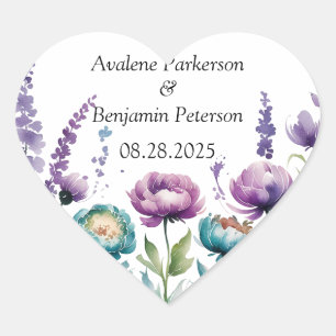 Turquoise and Purple Wildflowers Wedding Heart Sticker