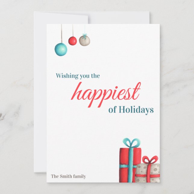 Turquoise and Red Holiday Presents Christmas Card (Front)
