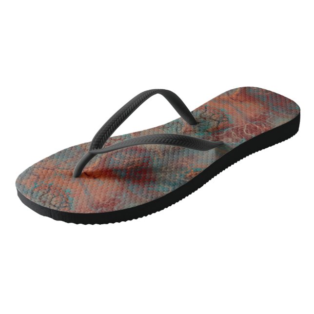 Turquoise and Red Marble Swirl Abstract Flip Flops (Angled)