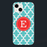 Turquoise and Red Modern Moroccan Monogram Case-Mate iPhone 14 Case<br><div class="desc">Chic Girly Preppy Modern Moroccan Quatrefoil Lattice Design with Custom Personalised Monogram Name or Initial</div>