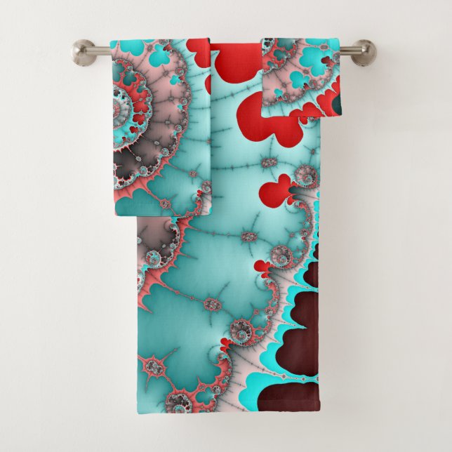 Turquoise and Red Spiral Abstract Bath Towel Set (Insitu)