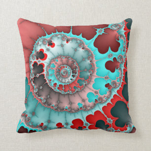 Turquoise and Red Spiral Abstract Cushion