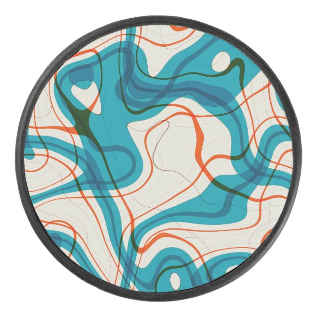 Turquoise and Red Swirls Hockey Puck (Front)